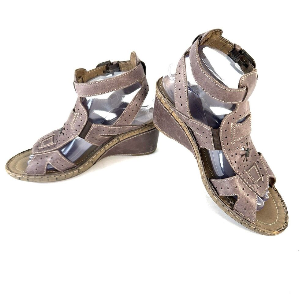 Josef Seibel Women's Sandal Brown Leather Comfort Casual 3" Wedge EU 40 US 9.5